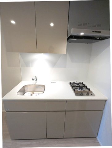 キッチン　ガス2口システムキッチン、広々調理台、奥まで出しれしやすいス