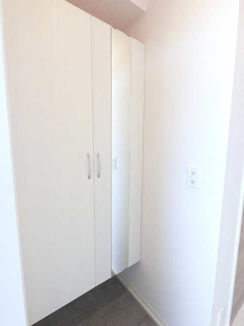 玄関　広めのＢｏｘは収納力ばっちり。トールタイプのミラーついてます