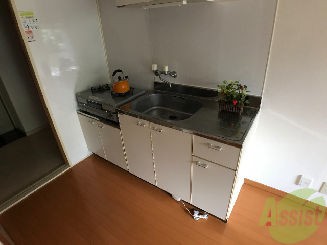 キッチン　２口のコンロが置けるサイズなので、お料理にも磨きがかかります