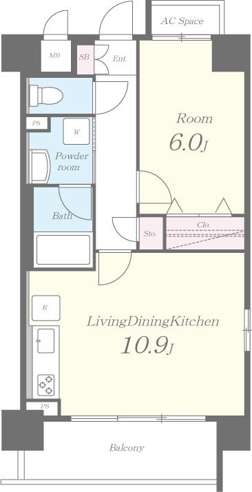 キッチン　振り分け1LDK　プライベート空間充実　反転