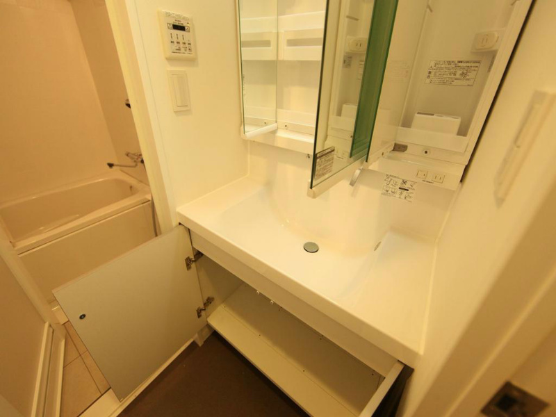洗面設備　脱衣所　独立洗面台（シャンプードレッサー付）収納スペース有