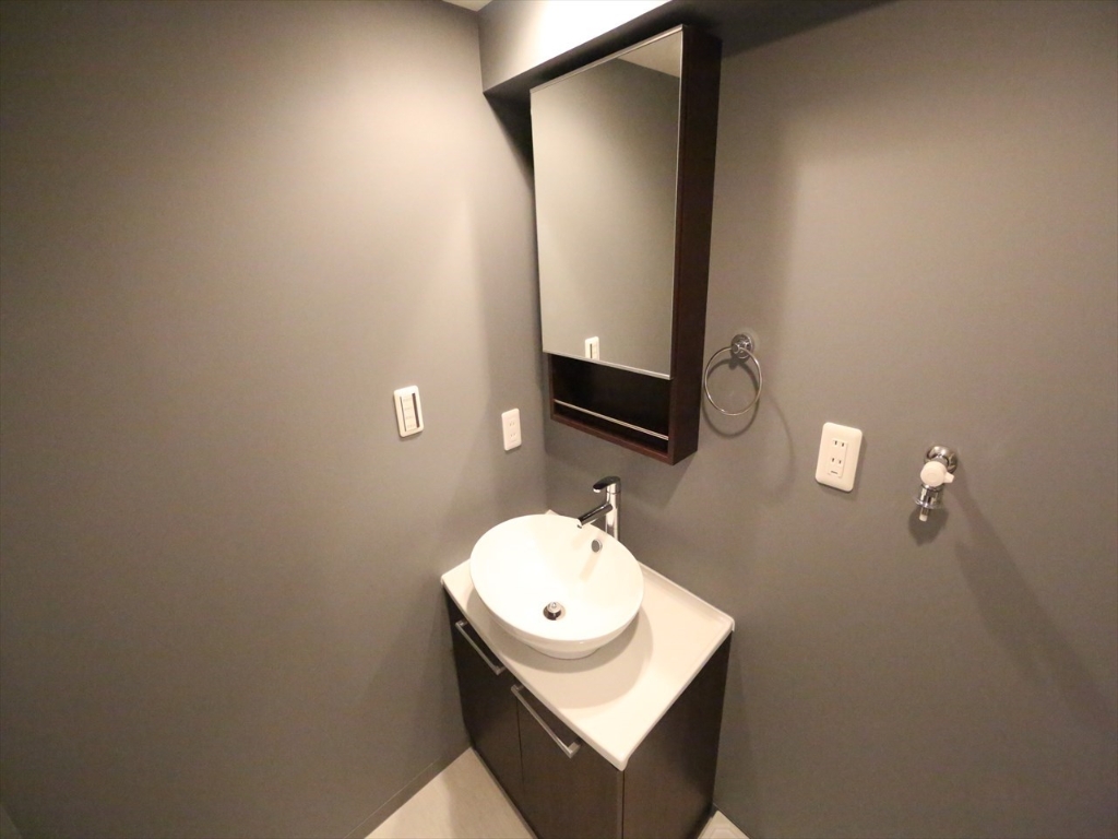 洗面設備　脱衣所　デザイン独立洗面台付　洗濯機ご用意できます