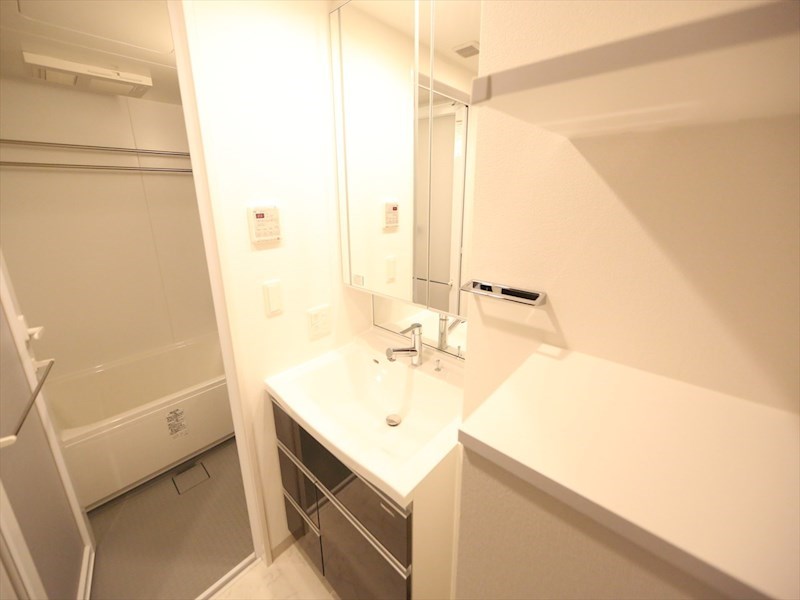洗面設備　脱衣所　独立洗面台（シャンプードレッサー付）収納スペース有