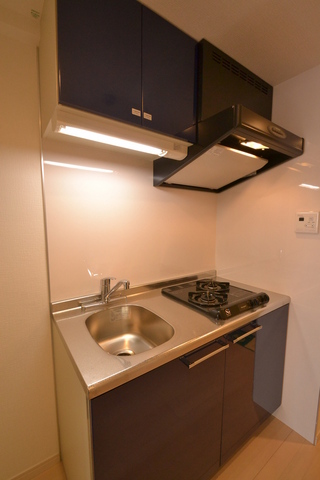 キッチン　システムキッチン（２口）。ブルー系の面材がおしゃれです。