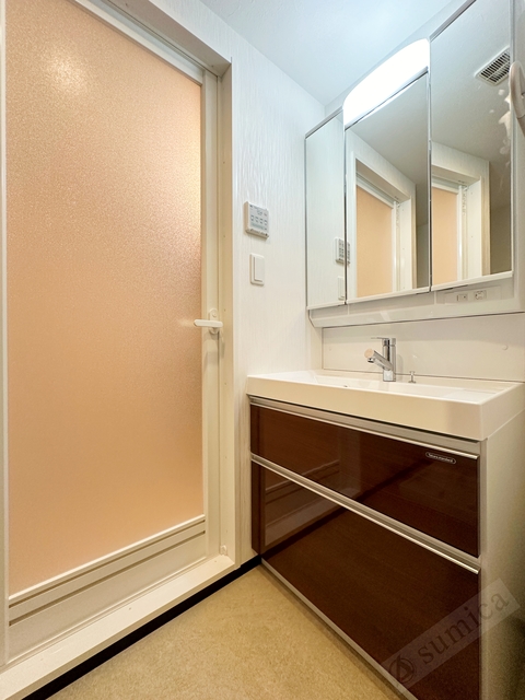 洗面設備　同施工写真です　階数により内装色が異なります