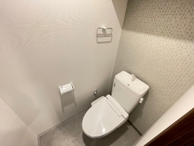 トイレ　温水洗浄便座。上部に棚あり。