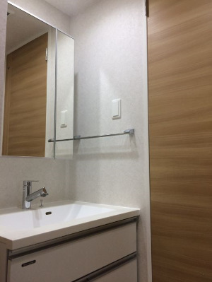 洗面設備　独立洗面台、小物を置くことができて便利です