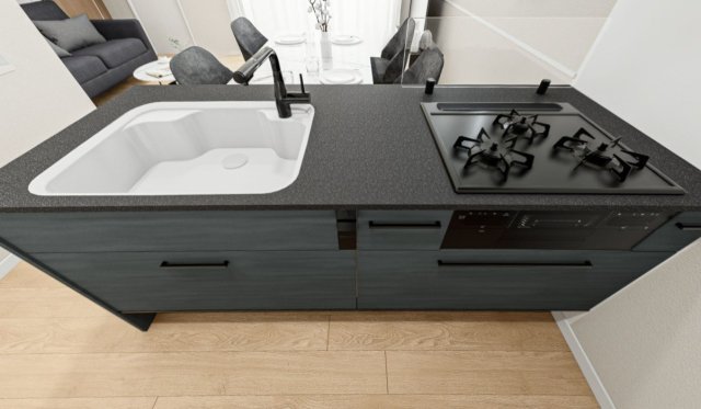 キッチン　グリル付き3口ガスキッチン♪完成イメージパースです♪現況優先