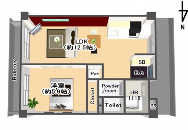 大阪市東住吉区東田辺のマンションの間取り