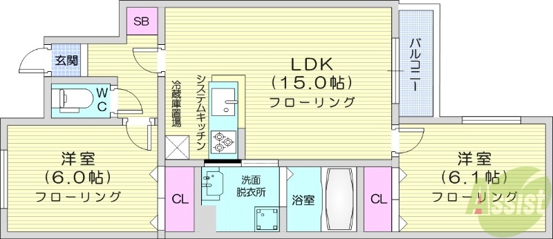 札幌市北区北二十一条西のマンションの間取り