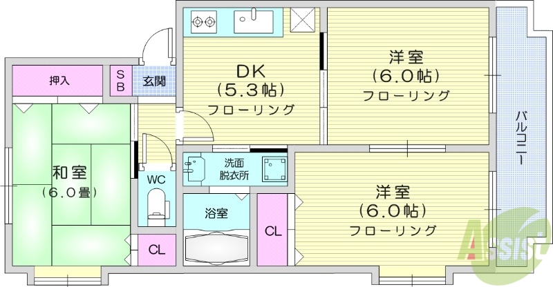 仙台市青葉区上愛子のアパートの間取り