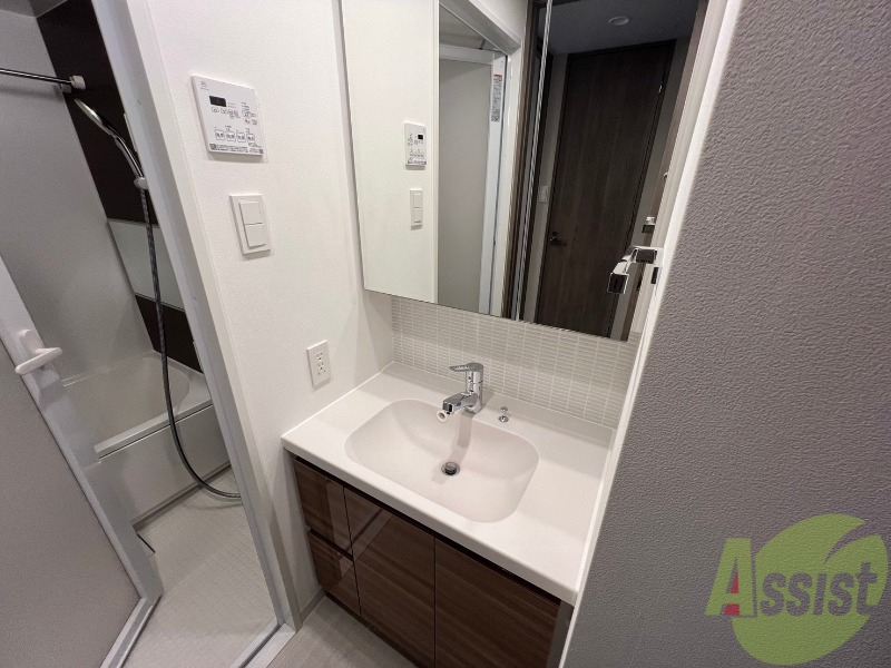 洗面設備　洗面は収納もあり鏡も大きいので身支度に便利です