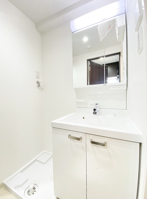 洗面設備　鏡の大きな洗面台・室内洗濯パン