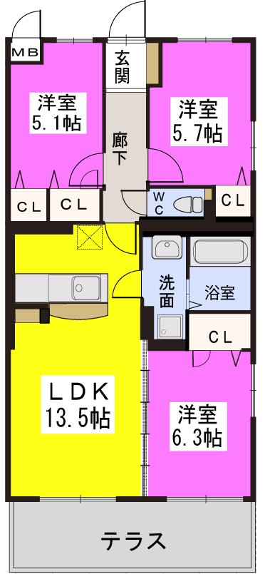 【カーサ宮ノ前IIIＢ棟の間取り】