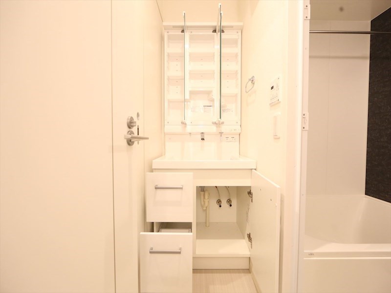 洗面設備　脱衣所　独立洗面台（シャンプードレッサー付）収納スペース有