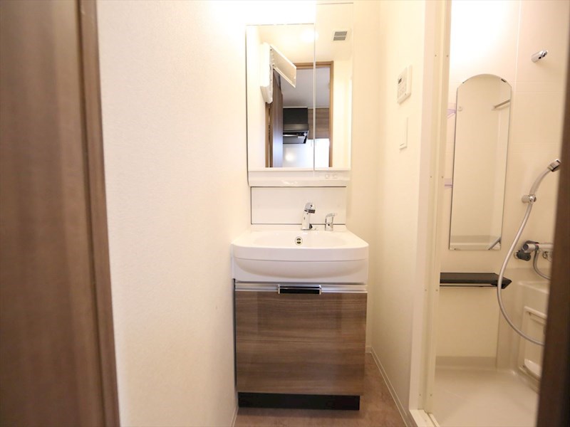 洗面設備　脱衣所　独立洗面台（シャンプードレッサー付）収納スペース有