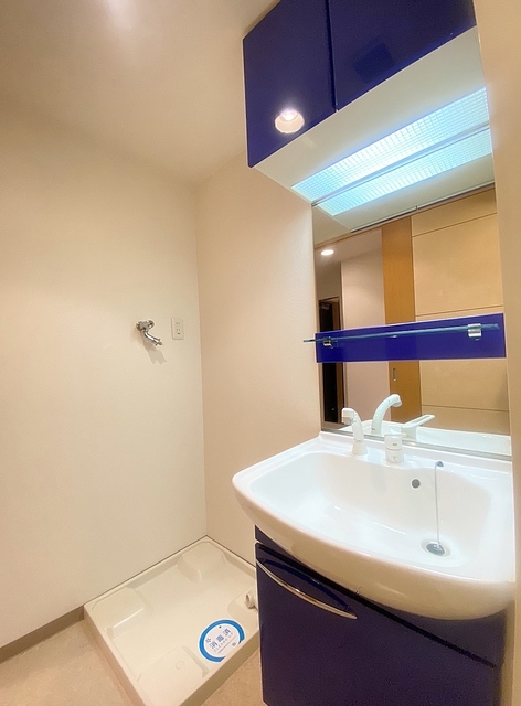 洗面設備　大きな鏡の洗面台と洗濯機置場