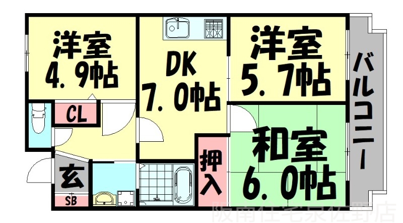 南海本線 樽井駅 徒歩8分 3階建 築34年の間取り写真