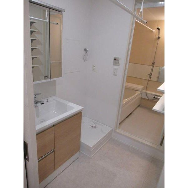 洗面設備　三面鏡付きの独立洗面台です。