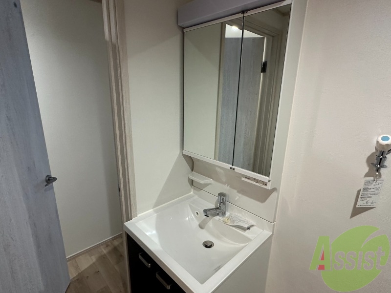 洗面設備　シャンプードレッサー。鏡の後ろも収納になってます。