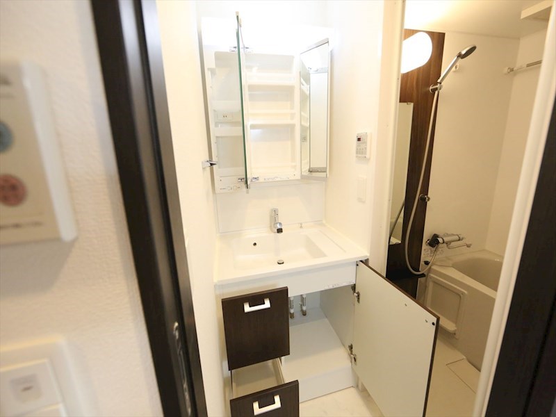 洗面設備　脱衣所　独立洗面台（シャンプードレッサー付）収納スペース有
