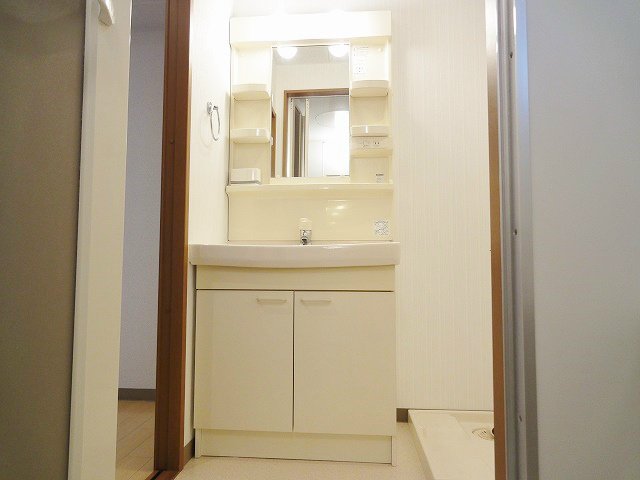 洗面設備　洗面台。室内に洗濯機おけます。