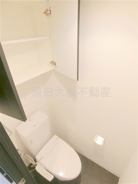 トイレ　棚収納と温水暖房便座付きのトイレ