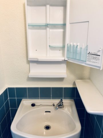 洗面設備　洗面台の鏡を開くと収納棚があります。