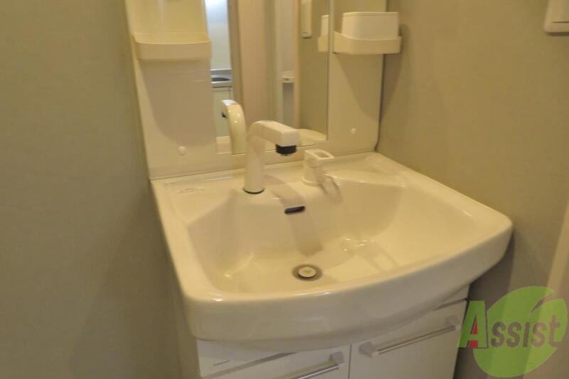 洗面設備　髪の毛も洗えて収納スペースもあって便利ですね。