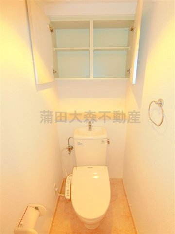 トイレ　棚収納と温水暖房便座付きトイレ