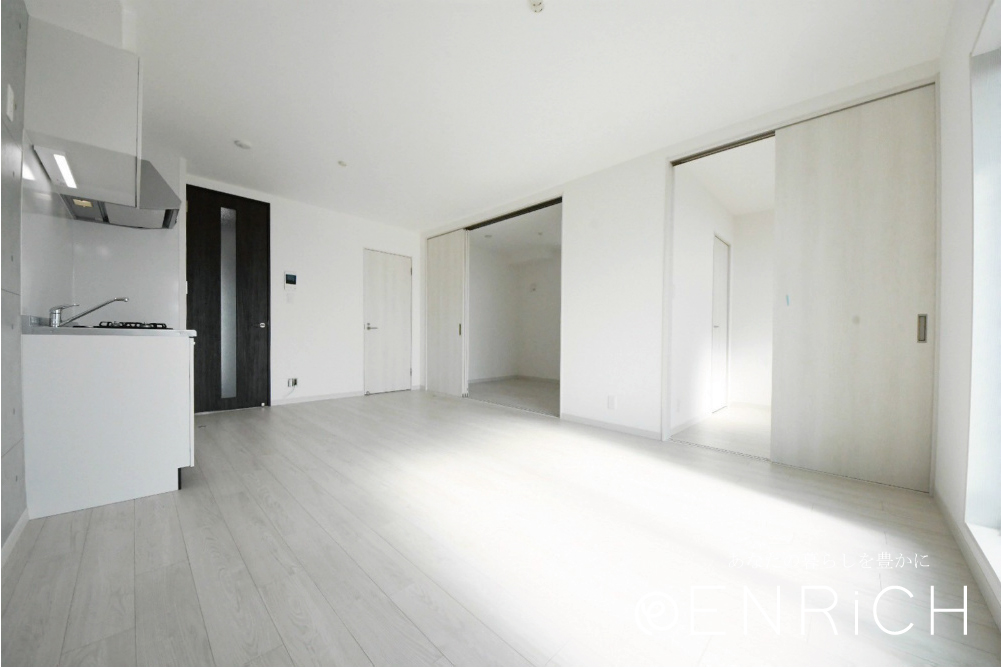 居室・リビング　現物の内装、北欧調のホワイトカラーの内装