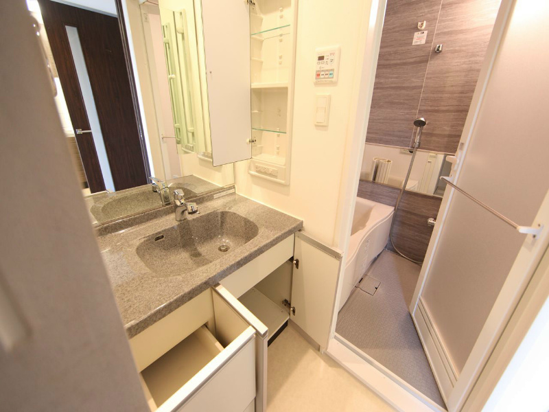 洗面設備　脱衣所　独立洗面台（シャンプードレッサー付）収納スペース有