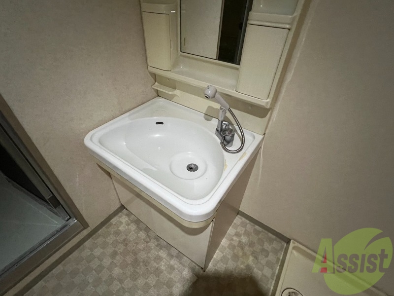 洗面設備　シャワーノズル付きの洗面台は、きれいで広くて使い易いです。