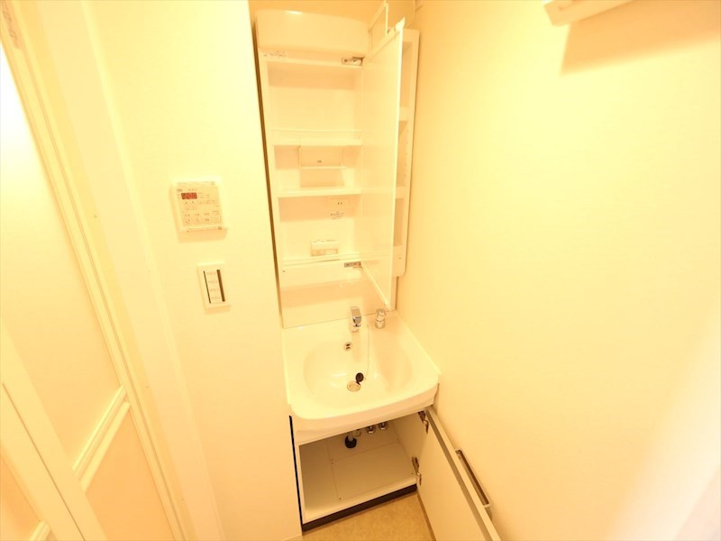 洗面設備　脱衣所　独立洗面台（シャンプードレッサー付）収納スペース有