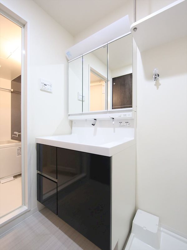 洗面設備　脱衣所　独立洗面台（シャンプードレッサー付）収納スペース有