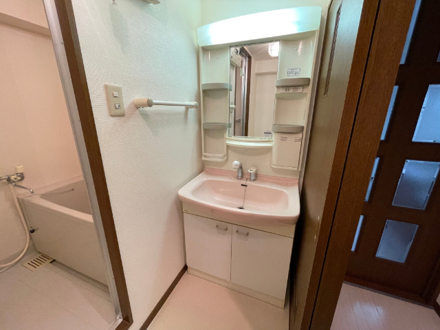 洗面設備　忙しい朝に嬉しいシャワー付き洗面台です。