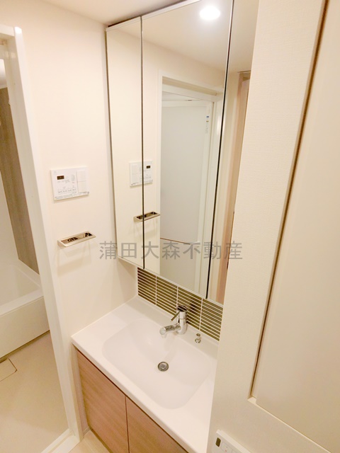 洗面設備　洗面脱衣所　3面鏡の独立洗面台　鏡内に収納スペース