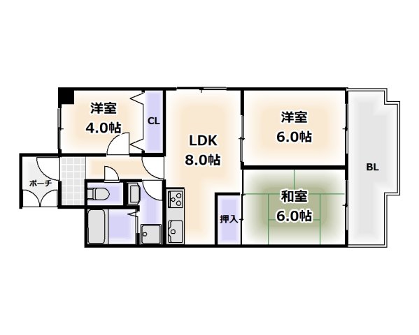 大阪市東住吉区北田辺のマンションの間取り