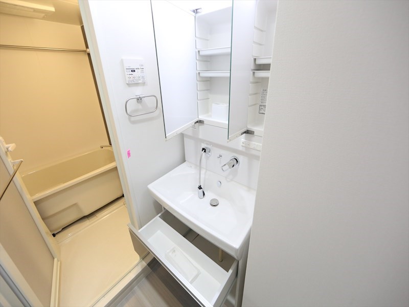 洗面設備　脱衣所　独立洗面台（シャンプードレッサー付）収納スペース有