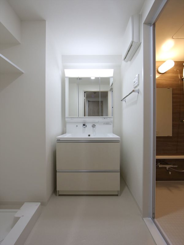 洗面設備　脱衣所　独立洗面台（シャンプードレッサー付）収納スペース有