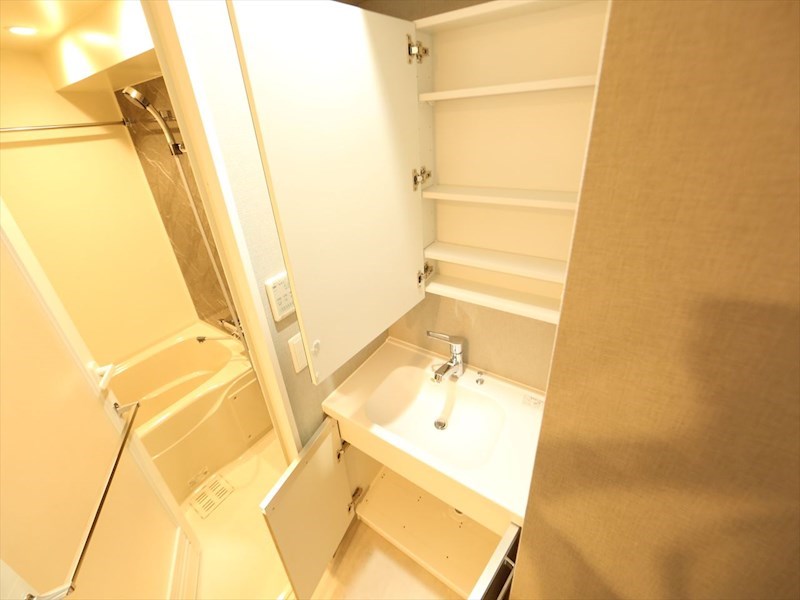 洗面設備　脱衣所　独立洗面台（シャンプードレッサー付）収納スペース有