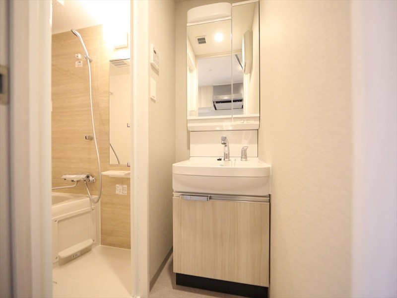 洗面設備　脱衣所　独立洗面台（シャンプードレッサー付）収納スペース有
