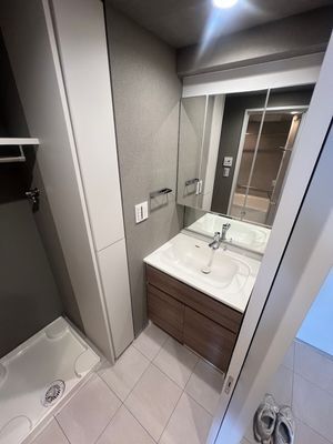 洗面設備　独立洗面台、小物を置くことができて便利です