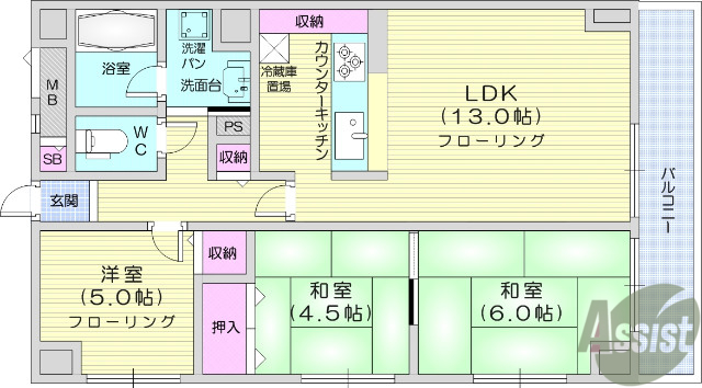 仙台市宮城野区高砂のマンションの間取り