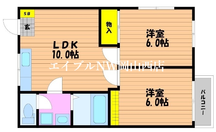 【岡山市北区大安寺東町のマンションの間取り】