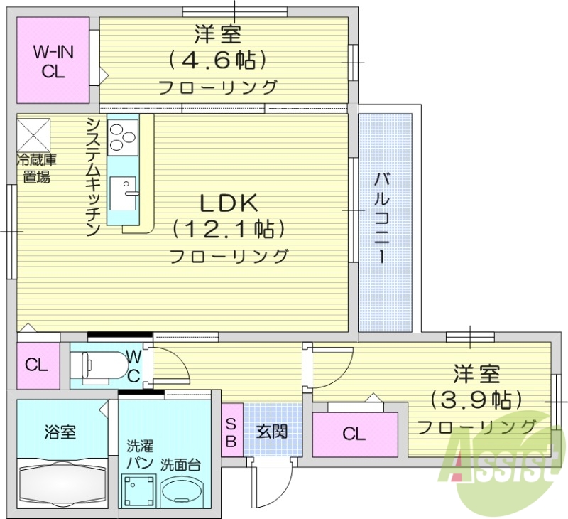 仙台市若林区二軒茶屋のアパートの間取り