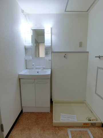 洗面設備　シャンドレ付き洗面化粧台と室内洗濯機置き場