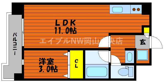 岡山市北区弓之町のマンションの間取り