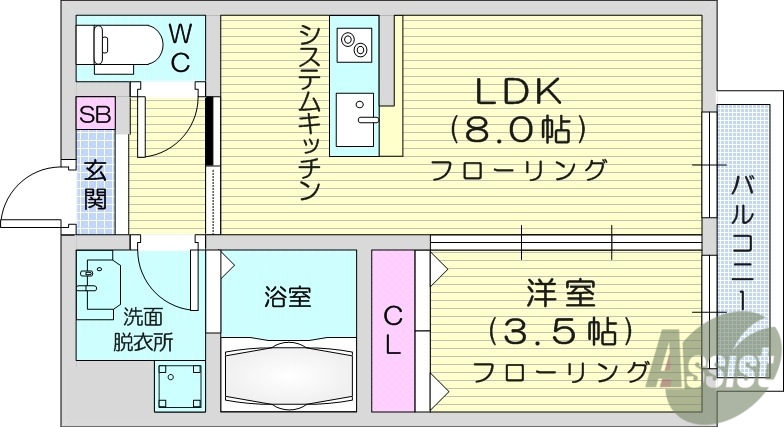 仙台市若林区東九番丁のアパートの間取り