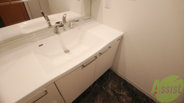 洗面設備　シャワーノズル付きの洗面台は、きれいで広くて使い易い。